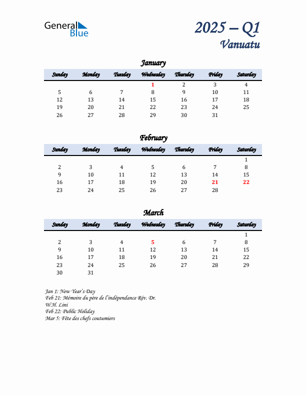 January, February, and March Calendar for Vanuatu with Sunday Start