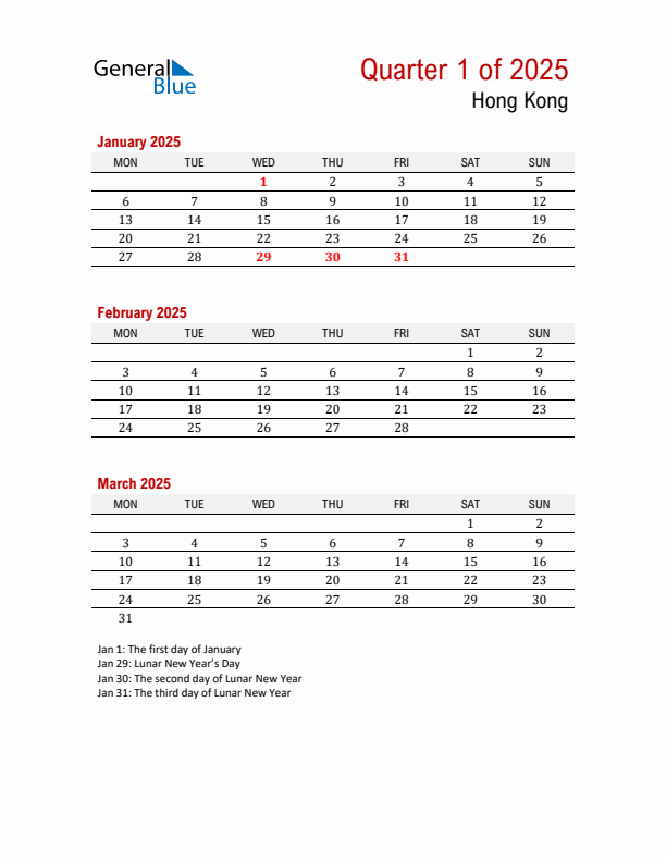 Printable Three Month Calendar with Hong Kong Holidays