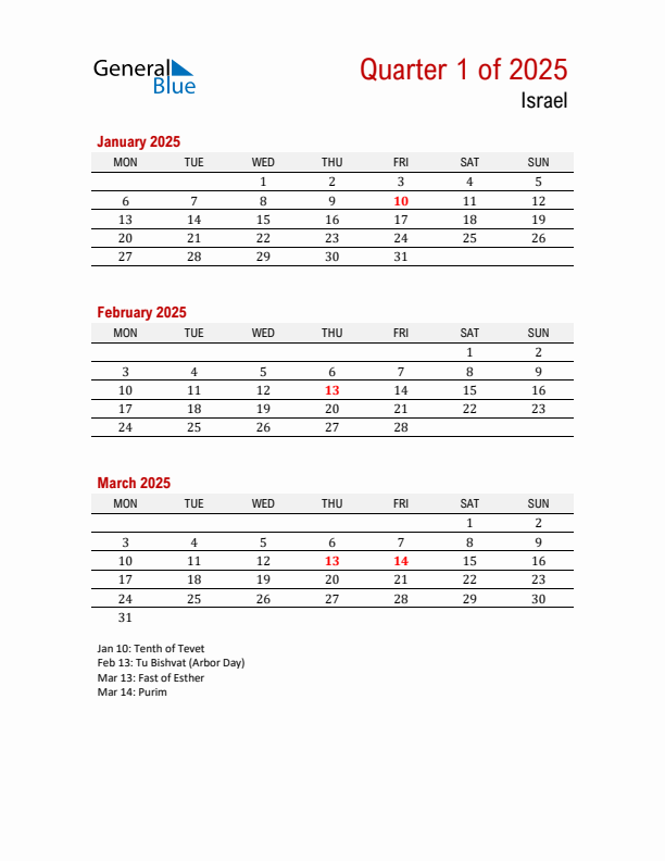 Printable Three Month Calendar with Israel Holidays