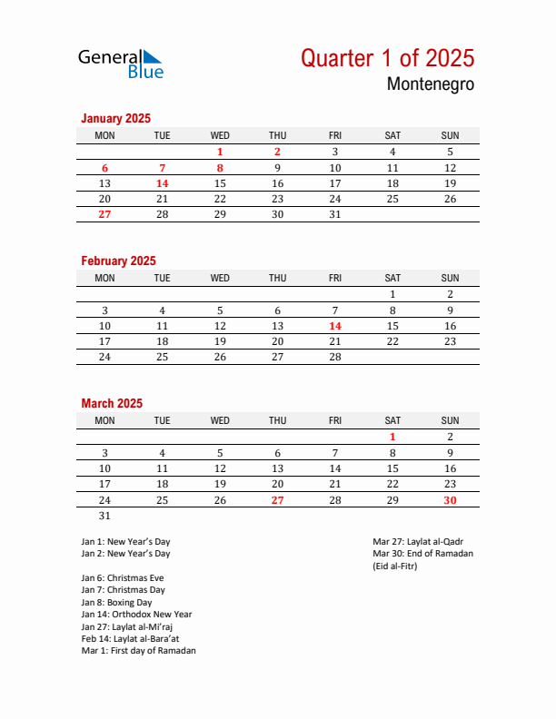 Printable Three Month Calendar with Montenegro Holidays