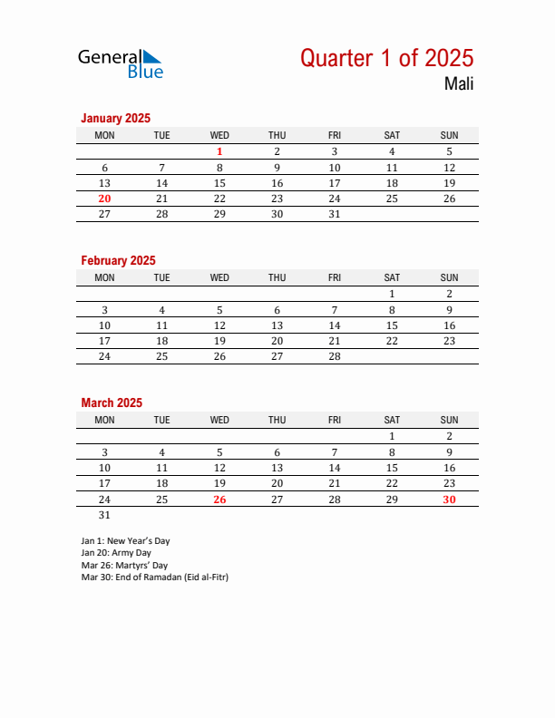 Printable Three Month Calendar with Mali Holidays