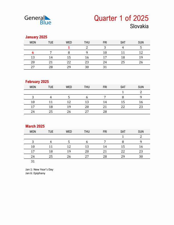 Printable Three Month Calendar with Slovakia Holidays