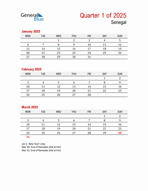Printable Three Month Calendar with Senegal Holidays