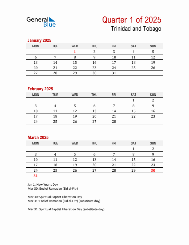 Printable Three Month Calendar with Trinidad and Tobago Holidays