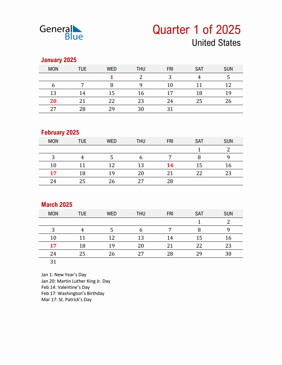 Printable Three Month Calendar with United States Holidays (Q1 2025 ...