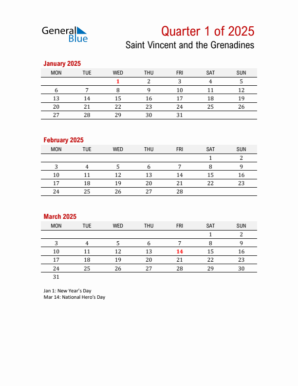 Printable Three Month Calendar with Saint Vincent and the Grenadines Holidays