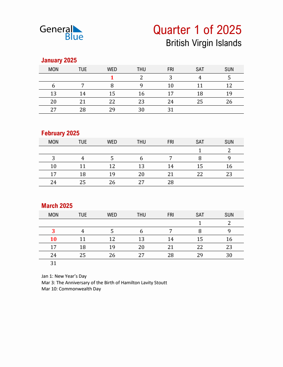Printable Three Month Calendar with British Virgin Islands Holidays (Q1 ...