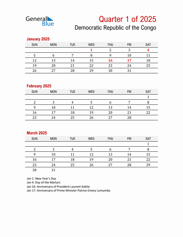 Printable Three Month Calendar with Democratic Republic of the Congo Holidays