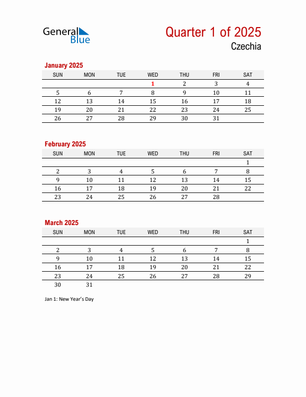 Printable Three Month Calendar with Czechia Holidays