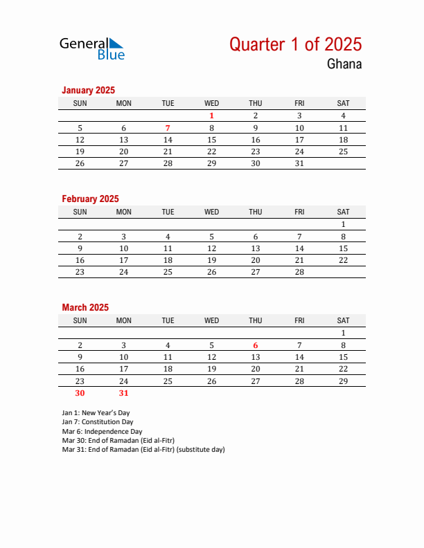 Printable Three Month Calendar with Ghana Holidays