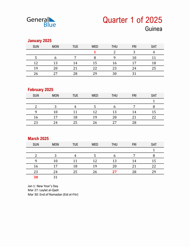 Printable Three Month Calendar with Guinea Holidays