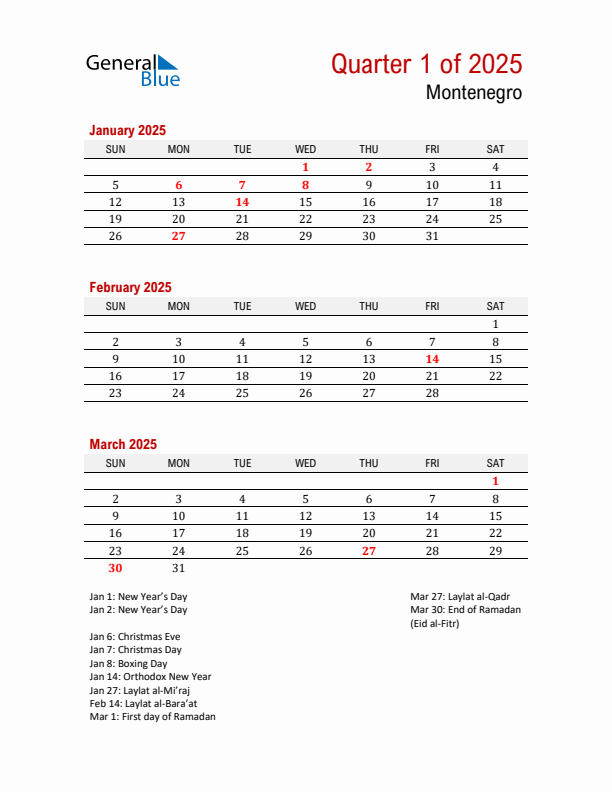 Printable Three Month Calendar with Montenegro Holidays