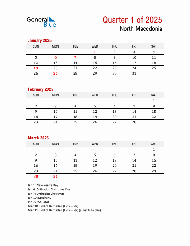 Printable Three Month Calendar with North Macedonia Holidays