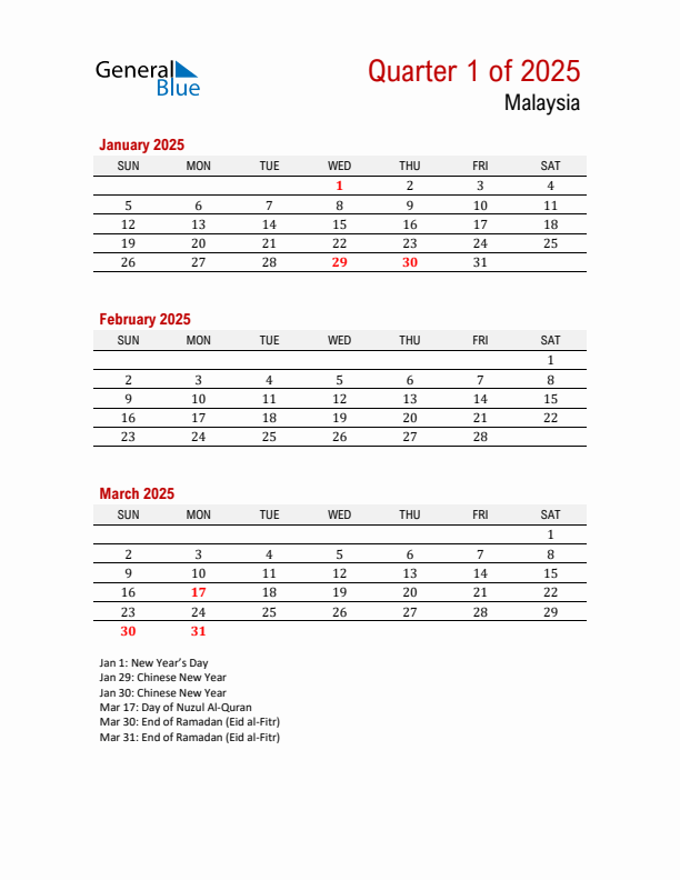 Printable Three Month Calendar with Malaysia Holidays