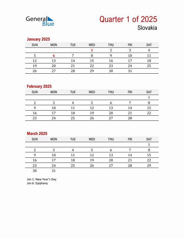 Printable Three Month Calendar with Slovakia Holidays