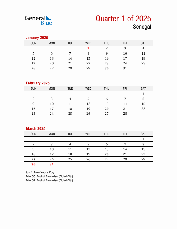 Printable Three Month Calendar with Senegal Holidays