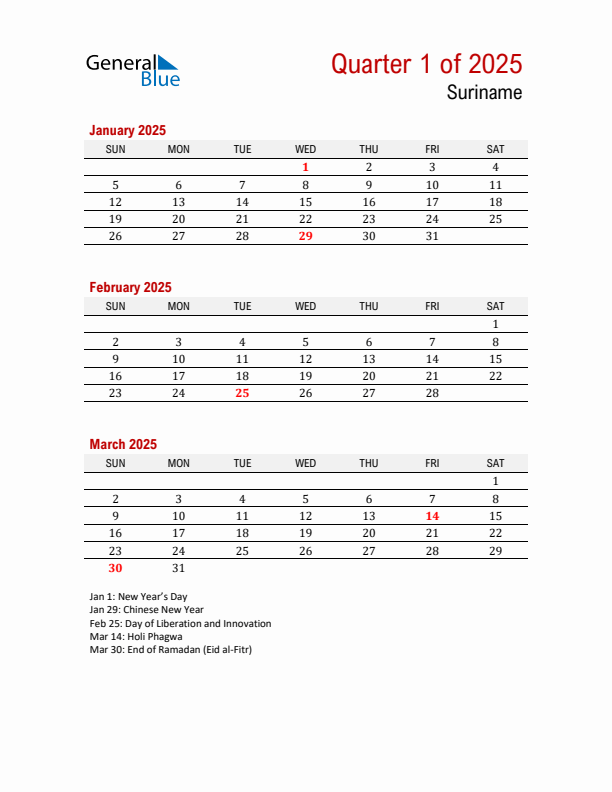 Printable Three Month Calendar with Suriname Holidays