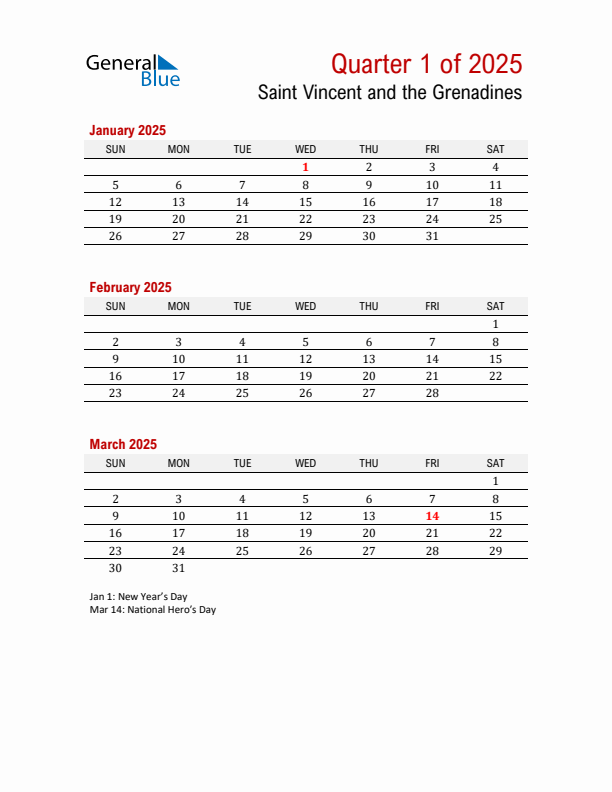 Printable Three Month Calendar with Saint Vincent and the Grenadines Holidays