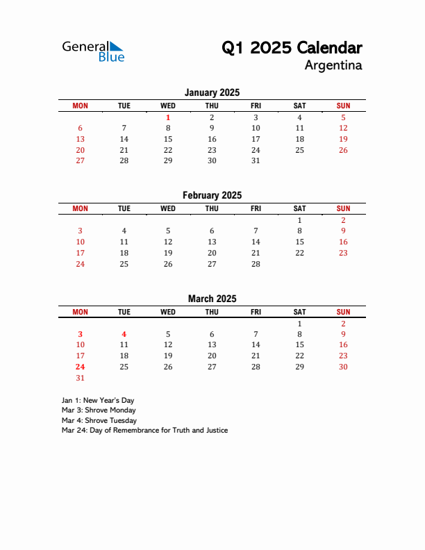 2025 Q1 Calendar with Holidays List for Argentina