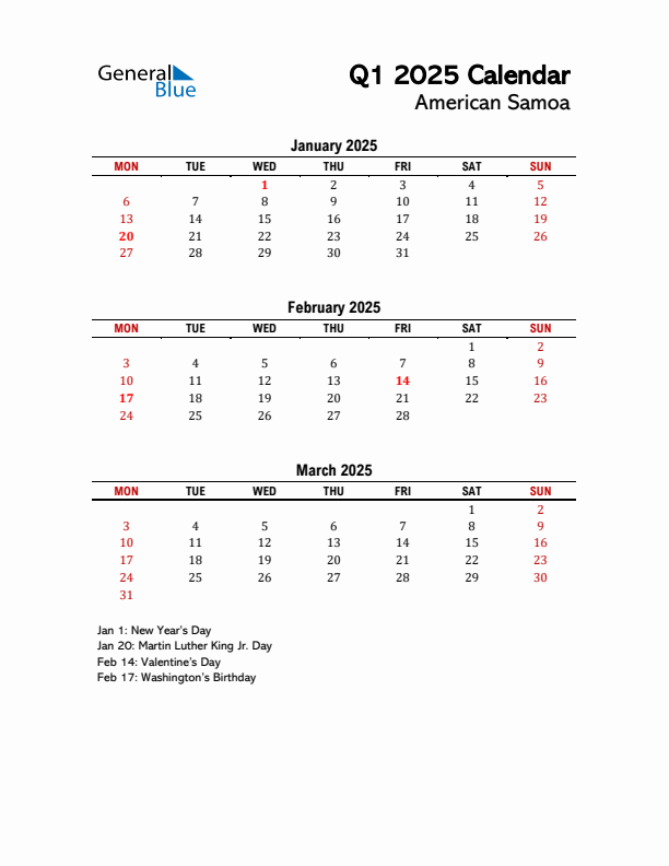 2025 Q1 Calendar with Holidays List for American Samoa