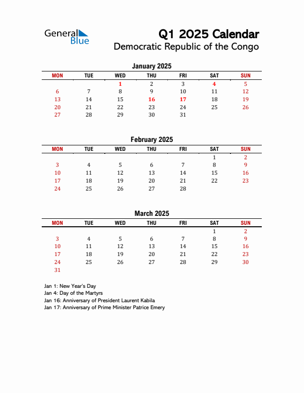 2025 Q1 Calendar with Holidays List for Democratic Republic of the Congo