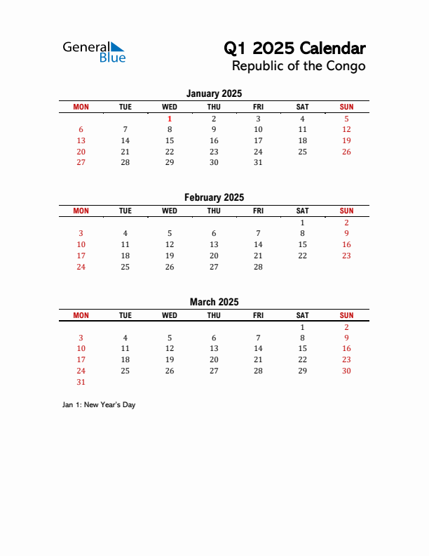 2025 Q1 Calendar with Holidays List for Republic of the Congo