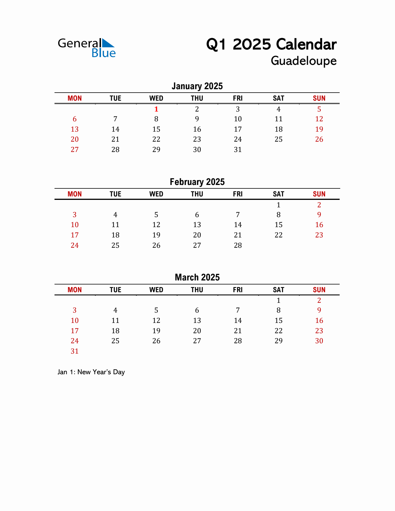 2025 Q1 Calendar with Holidays List for Guadeloupe