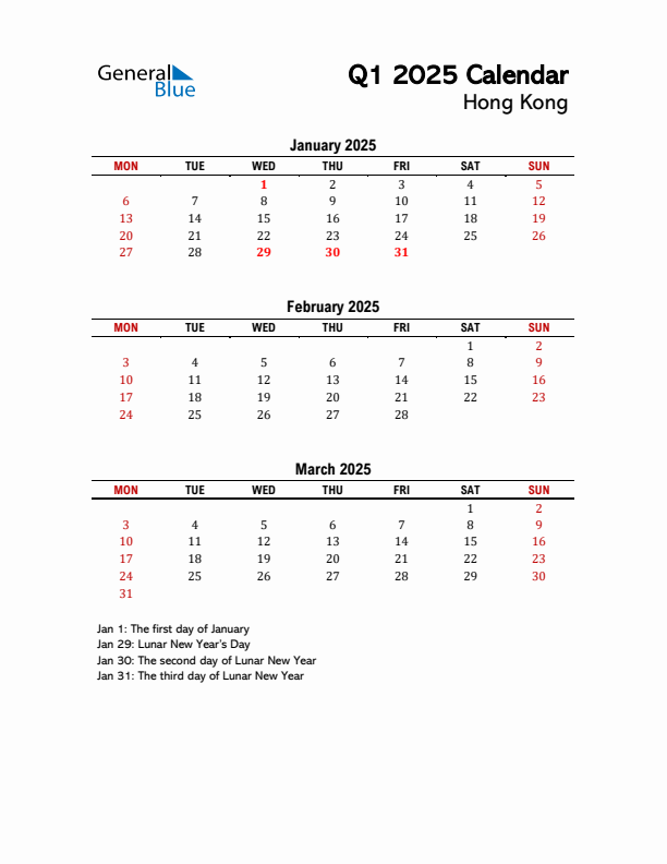 2025 Q1 Calendar with Holidays List for Hong Kong