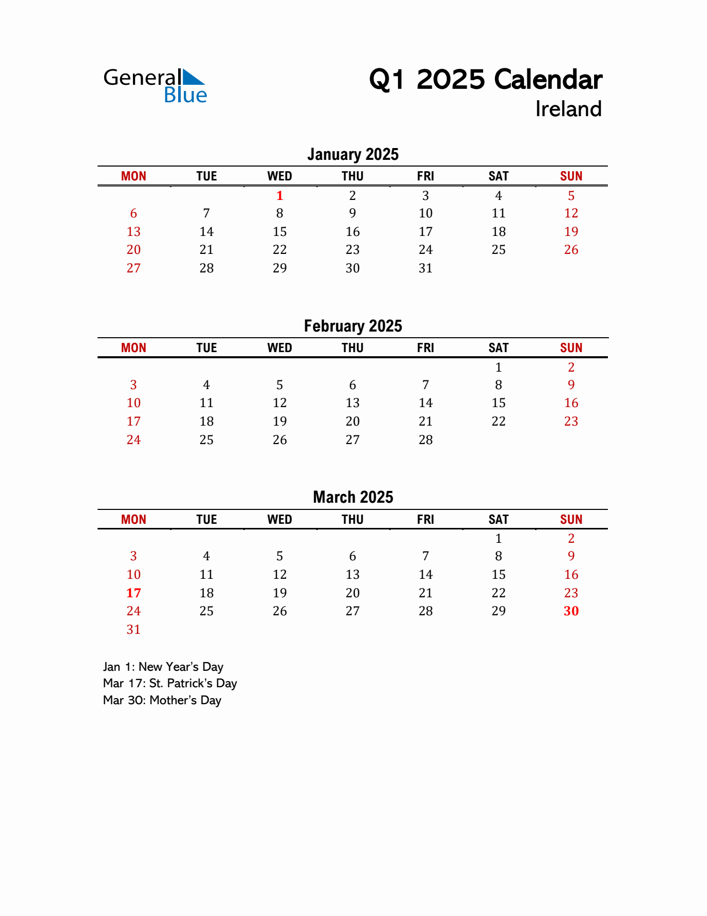2025 Q1 Calendar with Holidays List for Ireland
