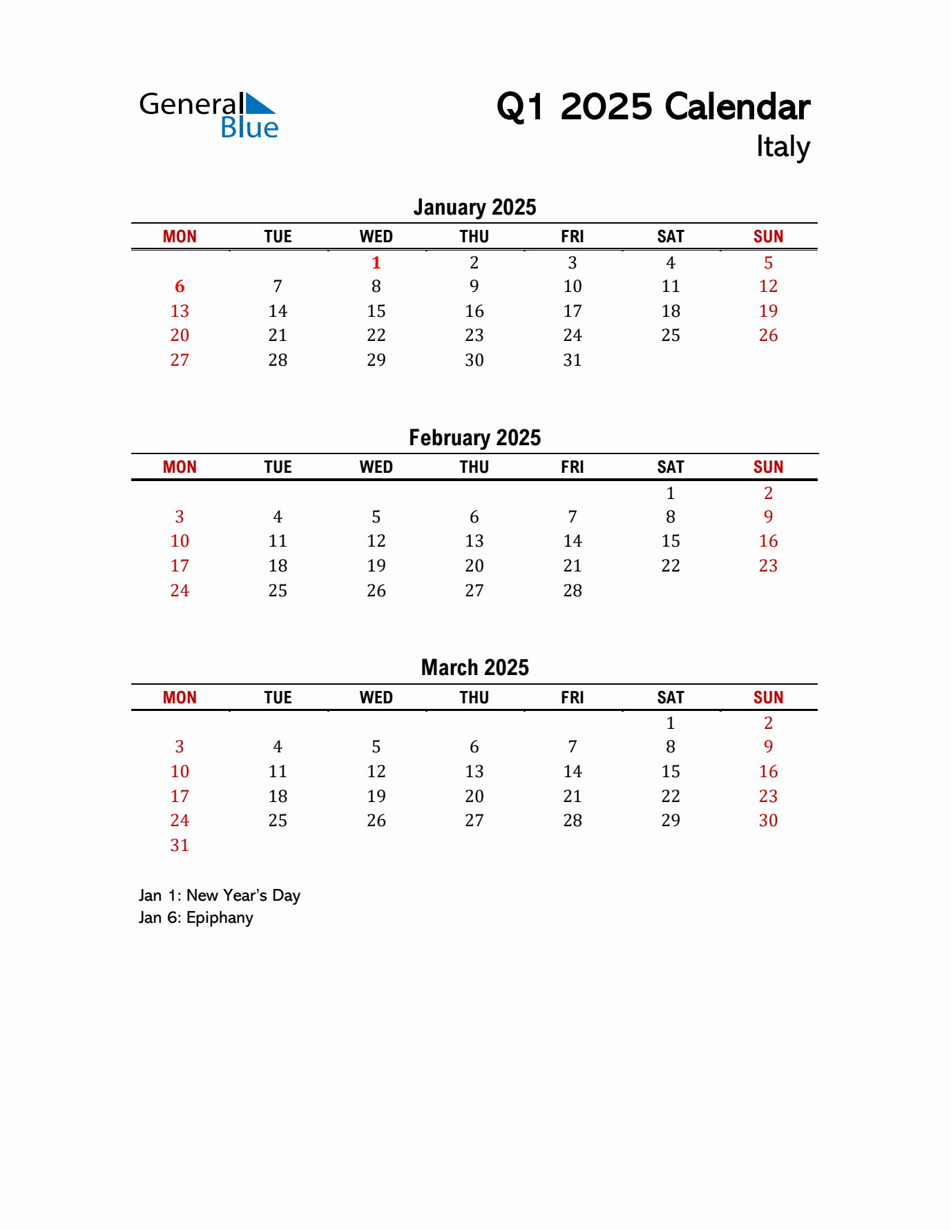 2025 Q1 Calendar with Holidays List for Italy