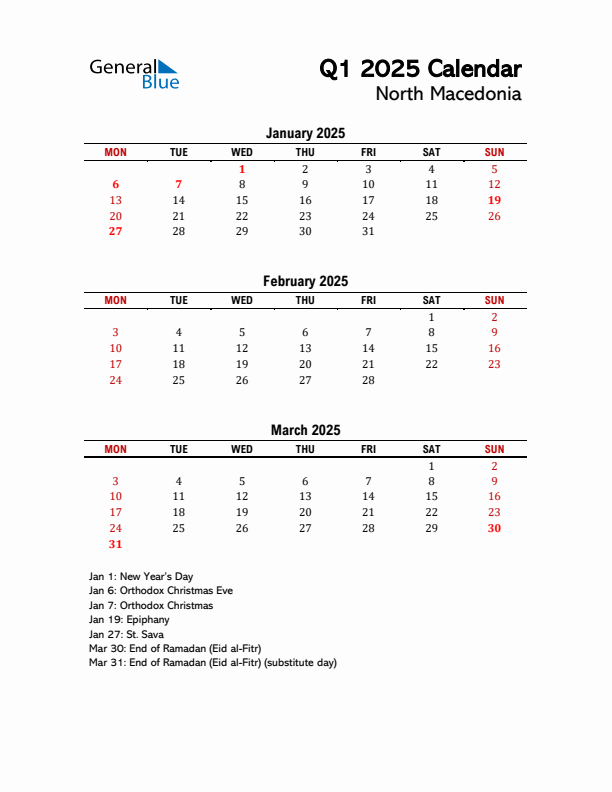 2025 Q1 Calendar with Holidays List for North Macedonia