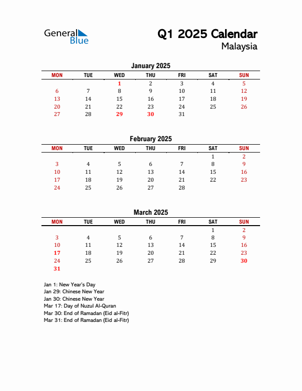 2025 Q1 Calendar with Holidays List for Malaysia