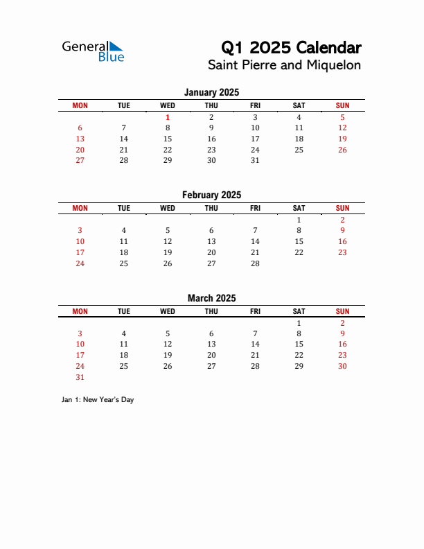 2025 Q1 Calendar with Holidays List for Saint Pierre and Miquelon