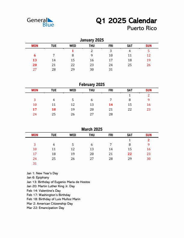 2025 Q1 Calendar with Holidays List for Puerto Rico