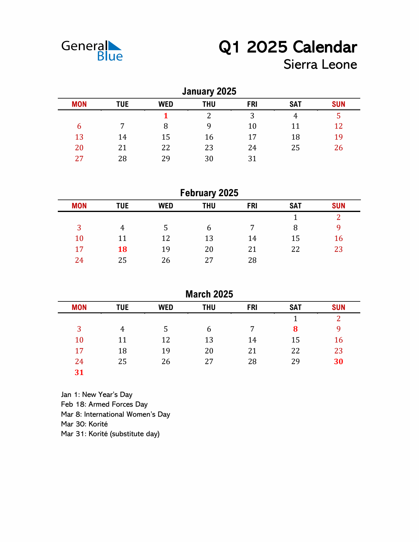2025 Q1 Calendar with Holidays List for Sierra Leone