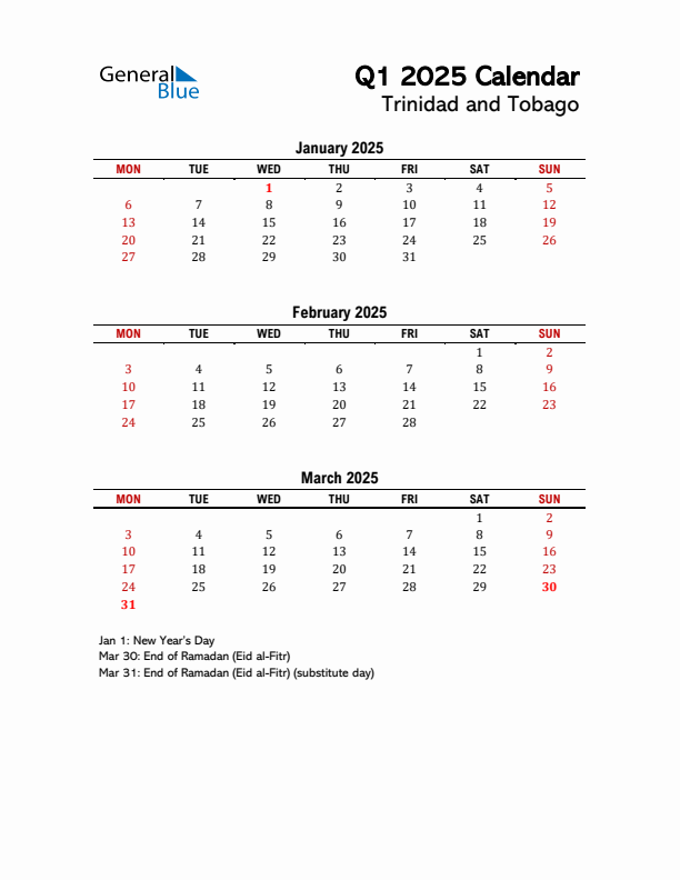 2025 Q1 Calendar with Holidays List for Trinidad and Tobago