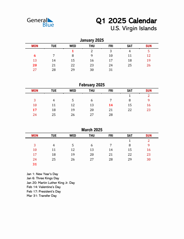 2025 Q1 Calendar with Holidays List for U.S. Virgin Islands