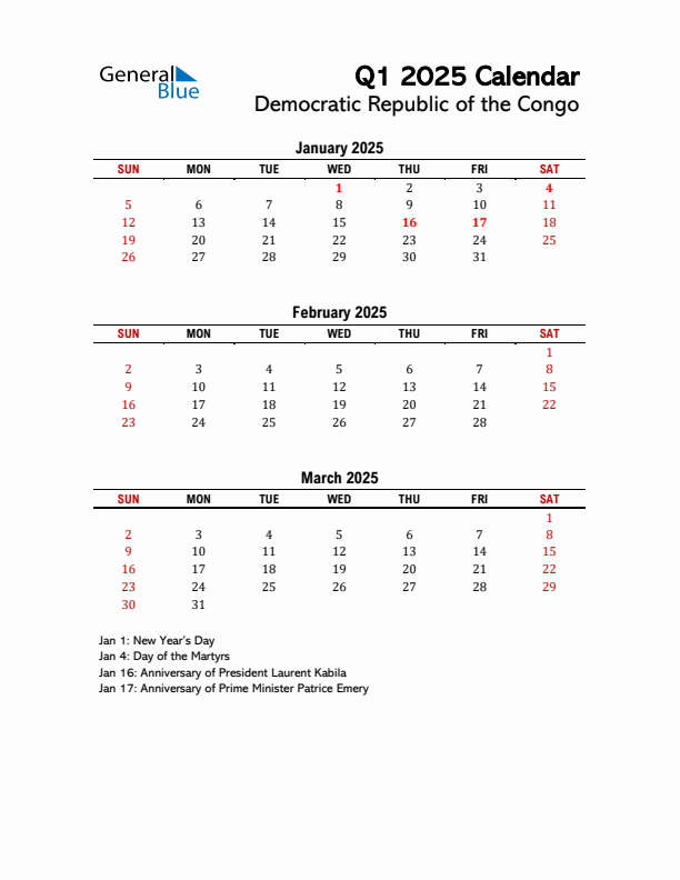 2025 Q1 Calendar with Holidays List for Democratic Republic of the Congo