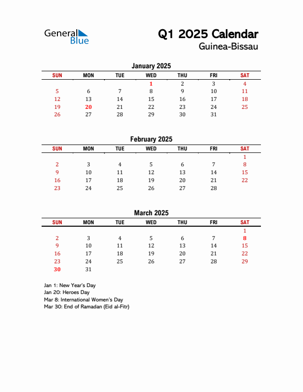 2025 Q1 Calendar with Holidays List for Guinea-Bissau