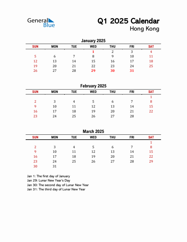 2025 Q1 Calendar with Holidays List for Hong Kong