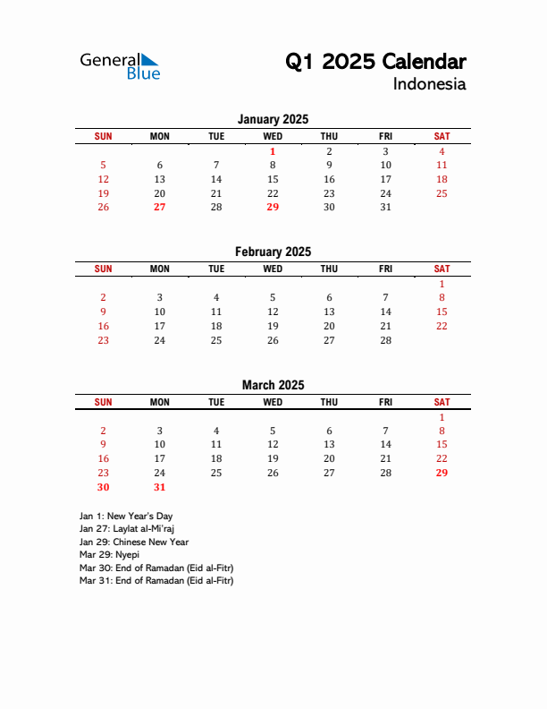 2025 Q1 Calendar with Holidays List for Indonesia