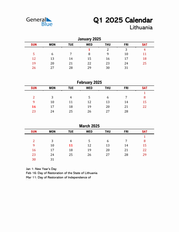 2025 Q1 Calendar with Holidays List for Lithuania