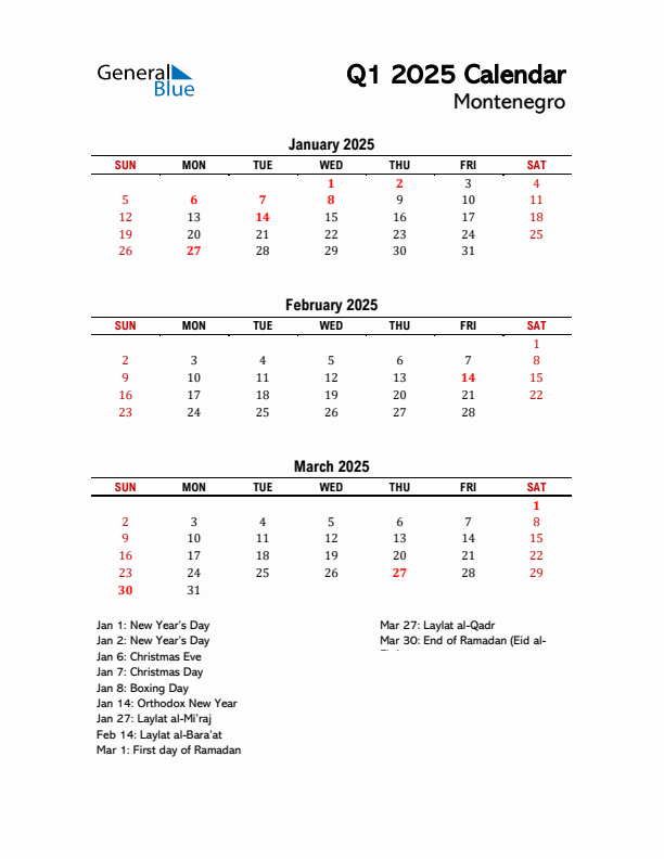 2025 Q1 Calendar with Holidays List for Montenegro