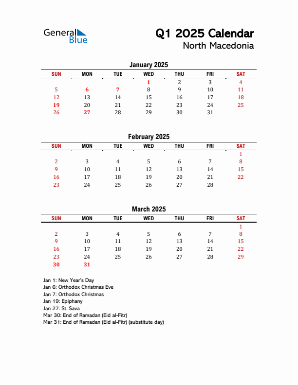 2025 Q1 Calendar with Holidays List for North Macedonia