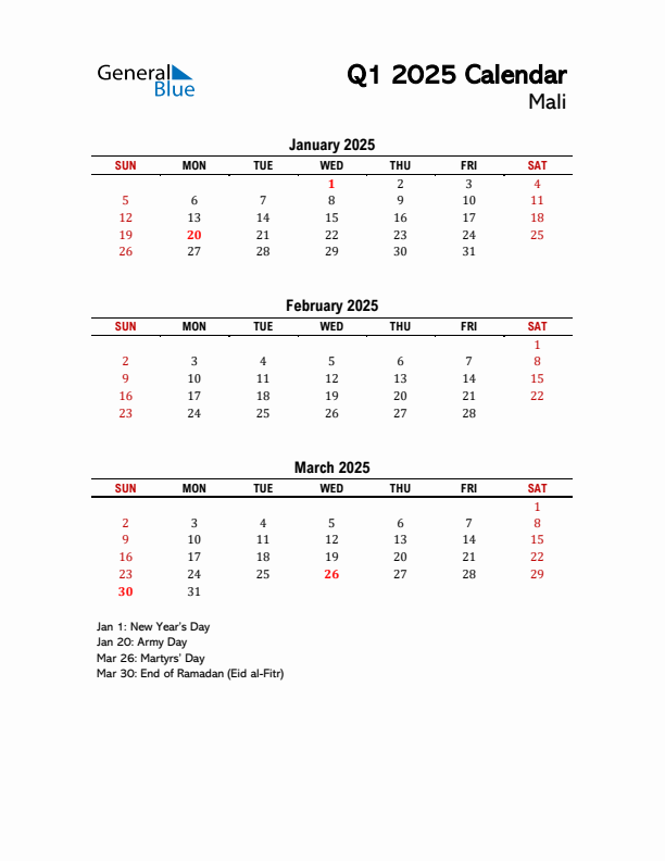 2025 Q1 Calendar with Holidays List for Mali