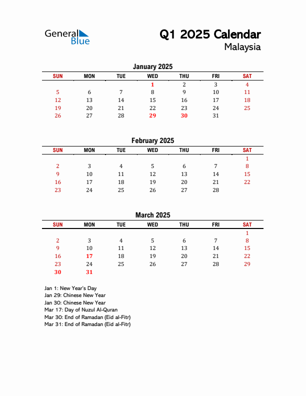 2025 Q1 Calendar with Holidays List for Malaysia