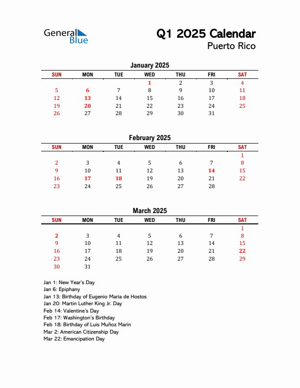 2025 Q1 Calendar with Holidays List for Puerto Rico