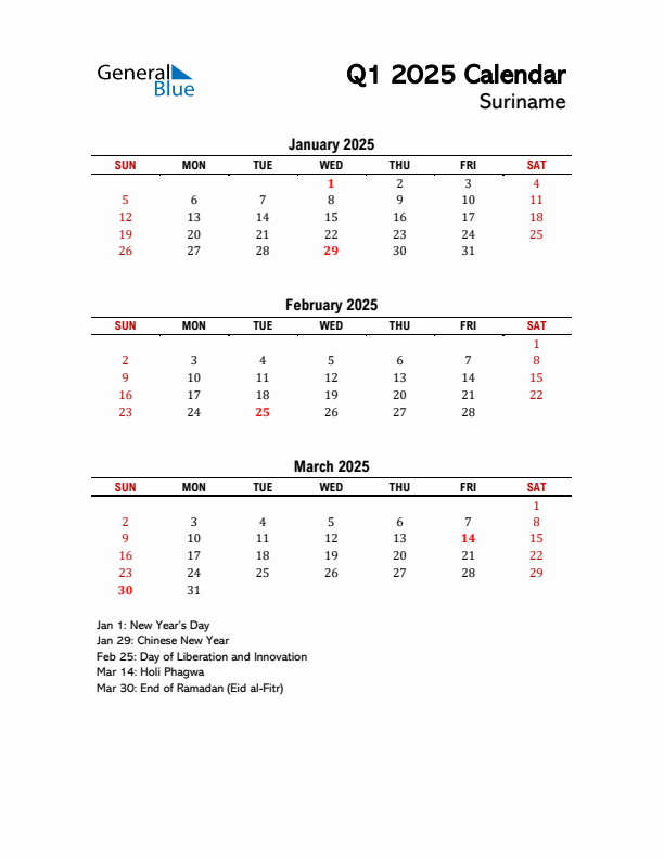 2025 Q1 Calendar with Holidays List for Suriname