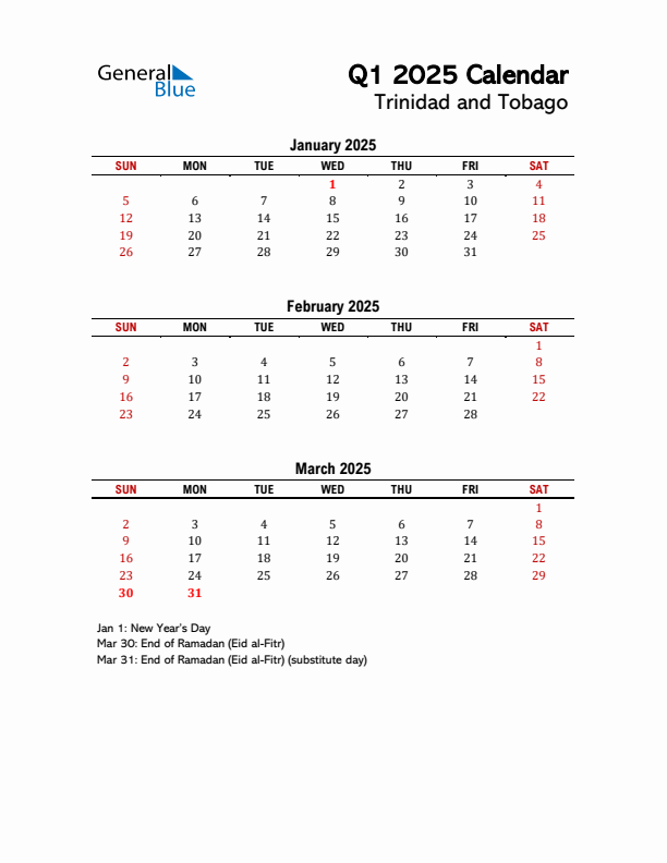 2025 Q1 Calendar with Holidays List for Trinidad and Tobago