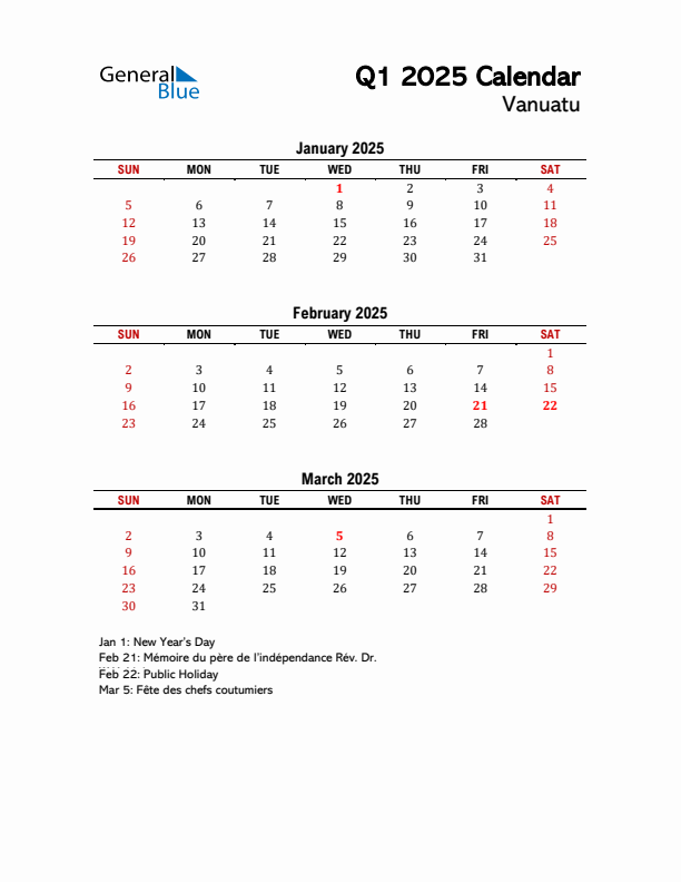 2025 Q1 Calendar with Holidays List for Vanuatu